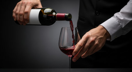 Bartender pouring red wine into glass on black background, closeupの素材