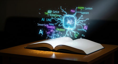 An open book on a wooden table emits a glowing hologram of an AI circuit board and text, symbolizing knowledge and artificial intelligence in a dark setting.の素材