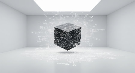 A futuristic scene with a detailed tech cube floating in a white room. Equations and circuitry patterns adorn the walls and floor, illuminated by a skylight above.の素材