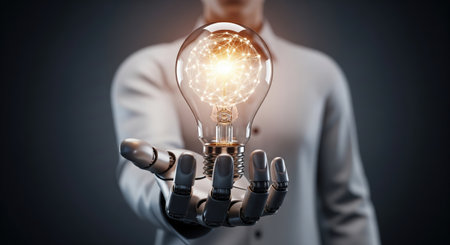 A robotic hand gently holds a light bulb filled with a glowing network, symbolizing innovation, technology, and the future of ideas against a dark background.の素材