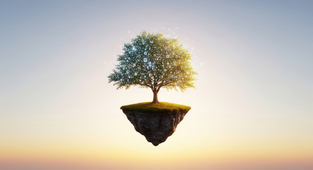 A tree of knowledge stands on a floating island, adorned with digital data symbols, bathed in the soft glow of sunrise, symbolizing technology and nature's harmony.の素材