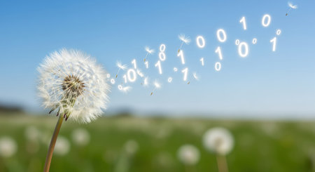 A dandelion releases its seeds, which transform into glowing binary code (0s and 1s) against a bright blue sky and green field, symbolizing technology and nature.の素材