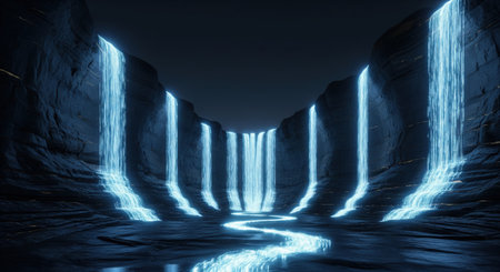 A surreal landscape featuring glowing blue waterfalls cascading down dark, rocky cliffs into a serpentine river, creating a mystical and dreamlike atmosphere under a dark sky.の素材