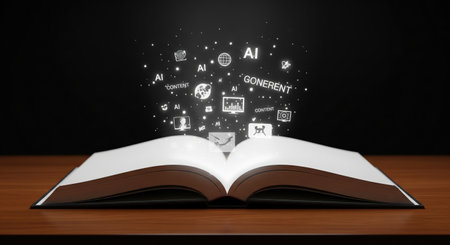 An open book emits glowing AI and content icons, symbolizing digital knowledge and innovation. Set on a wooden table against a dark background, it evokes learning and technology.の素材