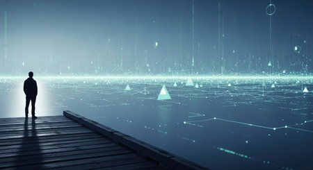 A lone silhouette stands on a wooden pier, contemplating a vast digital landscape filled with data points, lines, and geometric shapes, evoking themes of technology and reflection.の素材
