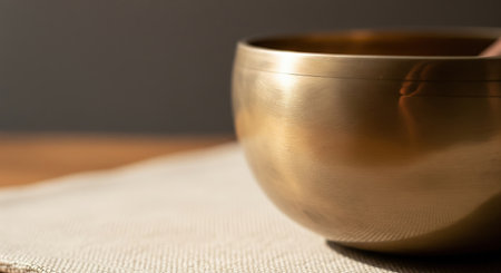 golden singing bowl on a linen cloth, selective focus, shallow DOFの素材