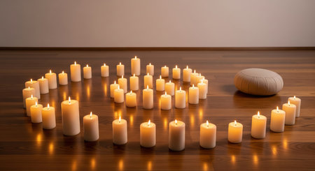 Candles in the form of a heart on a wooden floor.の素材