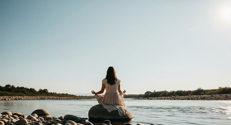 Young woman meditating in lotus position on a rock in the riverの素材
