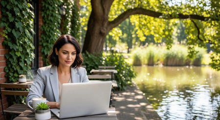 Young businesswoman working on a laptop in a coffee shop, outdoorsの素材
