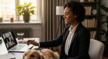 Smiling african american businesswoman working with dog in officeの素材
