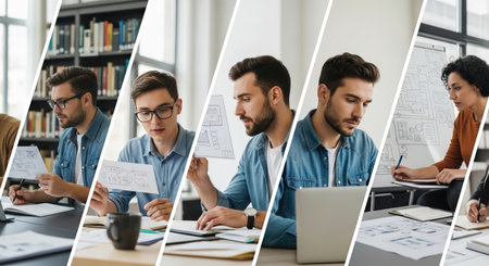 A dynamic collage featuring a team of focused creative professionals actively collaborating on a design project in a modern office or library setting. The image captures individualの素材