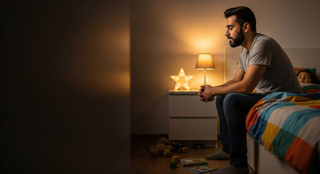 Young Indian man sitting on the bed in his bedroom at night, looking at his watchの素材