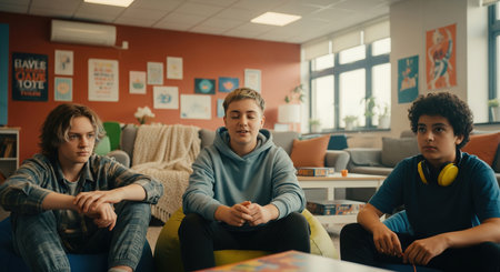 Portrait of a group of multiethnic students sitting in the classroom and talkingの素材