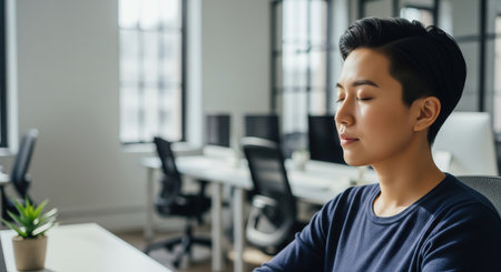 young asian businesswoman sitting at desk in office and looking awayの素材
