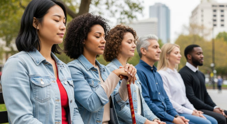 multiethnic group of people sitting on bench and holding walking sticksの素材
