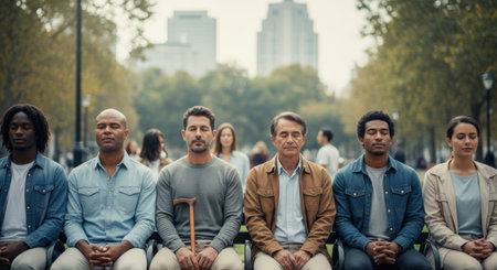 Group of young people sitting in a row in an urban environment.の素材