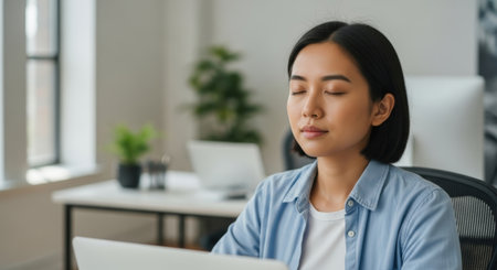 young asian businesswoman working on laptop in office, panoramaの素材