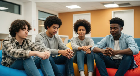 group of multiethnic students sitting on beanbag chairs and holding handsの素材