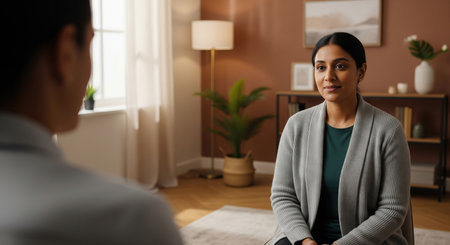 Portrait of african american businesswoman talking with colleague in officeの素材