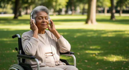 Senior woman in wheelchair listening to music with headphones in the park.の素材