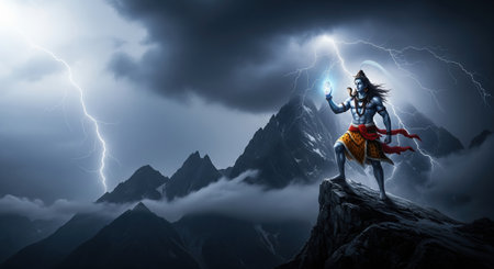 A dramatic and powerful depiction of Lord Shiva, the Hindu god, standing majestically on a rugged mountain peak amidst a fierce thunderstorm. Lightning flashes across the dark, cloの素材