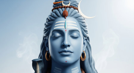 A mesmerizing close-up of Lord Shiva depicted in a profound state of meditation exuding an aura of spiritual calm and divine wisdom His blue skin and iconic dreadlocks are adornedの素材