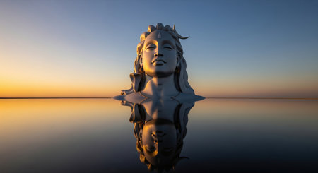 A breathtaking view of the Adiyogi Shiva statue captured during sunset, with its majestic form perfectly reflected in the calm, mirror-like water. The golden light illuminates theの素材