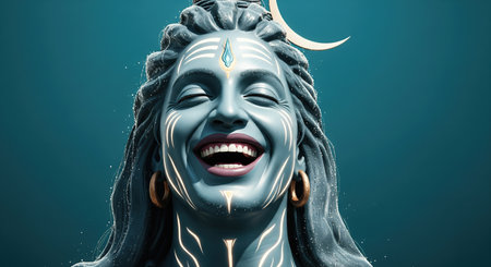 A captivating close-up of a sculpted blue-skinned deity, radiating profound joy and enlightenment with eyes closed in a blissful smile. This artistic representation features intricの素材