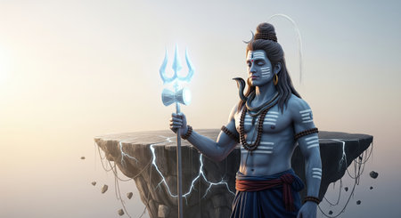 A powerful and serene depiction of Lord Shiva, the Hindu god of destruction and transformation, meditating on a mystical floating island. He holds a glowing Trishula, his divine trの素材