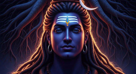 A stunning artistic portrait of Lord Shiva, featuring his iconic blue skin, intricate dreadlocks, sacred third eye, and crescent moon. The deity is depicted with a powerful, sereneの素材