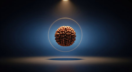 A detailed 3D render of an abstract brain-like sphere, encircled by a glowing golden ring and illuminated by a bright spotlight from above. The dark, atmospheric blue background enの素材