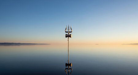 A majestic Trishula, the divine trident of Shiva, with a damaru drum, stands gracefully in perfectly calm, reflective water. The scene is set against a serene sunrise or sunset skyの素材