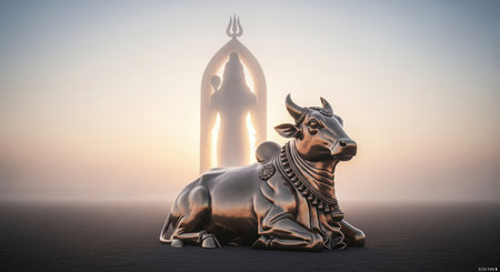 A magnificent bronze Nandi bull statue rests gracefully in the foreground, adorned with intricate traditional Indian jewelry. In the soft, ethereal glow of a spiritual sunrise or sの素材