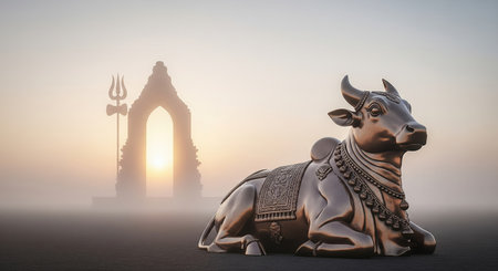 A metallic statue of Nandi, the revered bull of Lord Shiva, rests peacefully in a foggy spiritual landscape. In the ethereal background, the silhouette of an ancient Hindu temple aの素材
