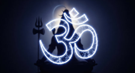A captivating digital illustration featuring the sacred Om symbol radiating an electric blue glow, set against a dark starry cosmic background. A subtle silhouette of Lord Shiva hoの素材