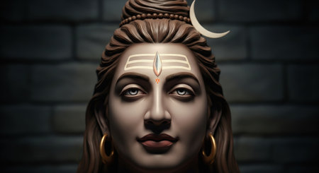 A serene and powerful close-up portrait of the Hindu deity Lord Shiva, featuring his distinctive third eye, sacred white tilak markings on his forehead, and a crescent moon adorninの素材