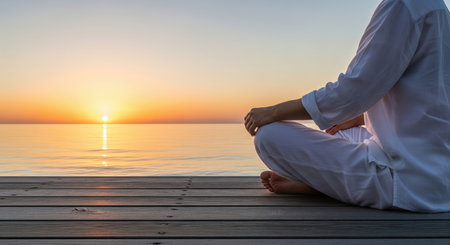 A person in white clothing meditates in lotus position on a wooden dock at sunrise, facing the calm ocean. Golden light reflects on the water, creating a peaceful, serene scene.の素材