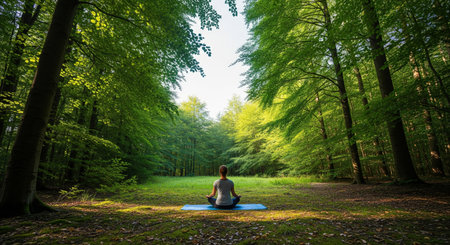 A woman meditates in lotus position on a blue yoga mat in a sun-dappled forest clearing, surrounded by vibrant green trees, embodying tranquility and mindfulness.の素材