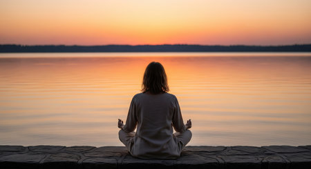 A woman meditates in lotus position by a tranquil lake at sunset, reflecting peace and mindfulness in a warm, golden light.の素材