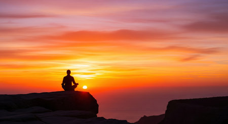Silhouette of a person in lotus position meditating on a cliff edge at sunset. The sky is ablaze with orange, pink, and yellow hues, creating a peaceful, spiritual scene.の素材