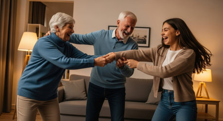 selective focus of happy senior couple holding hands and dancing at homeの素材