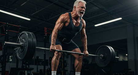 Handsome senior man lifting heavy barbell in crossfit gymの素材