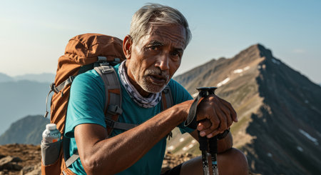 Senior man trekking in the mountains with backpack and hiking equipment.の素材