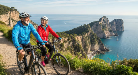 Senior couple riding mountain bikes on a road along the coast of the seaの素材