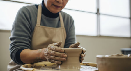 Close-up of a woman's hands sewing on a quiltの素材