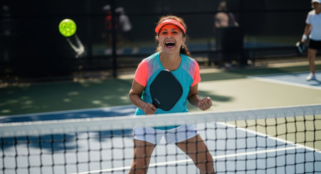 Full length portrait of female tennis player screaming while playing tennis on courtの素材