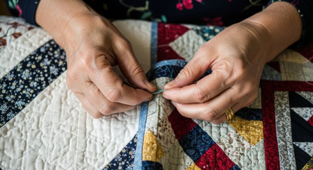 Close-up of a woman's hands sewing on a quiltの素材