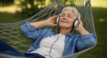 Relaxed senior woman listening to music with headphones in hammockの素材