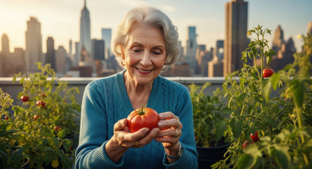 Delighted senior woman holding a tomato while standing on the balconyの素材