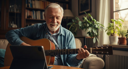Handsome senior man playing guitar at home and looking at cameraの素材